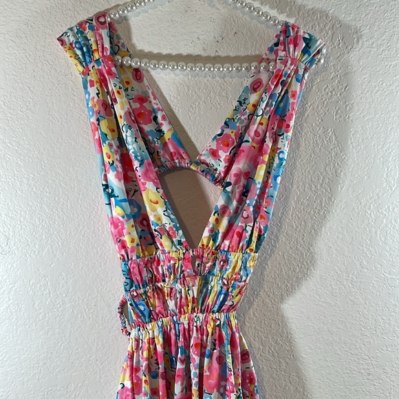 Floral V-Neck Colorful Sexy Open Back Mini Dress Size Large - Picture 5 of 16
